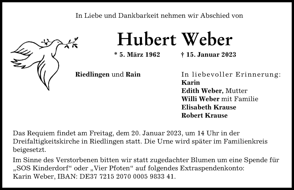 Traueranzeige von Hubert Weber von Donauwörther Zeitung