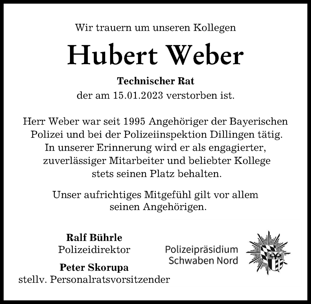 Traueranzeige von Hubert Weber von Donau Zeitung, Donauwörther Zeitung, Augsburg-Land