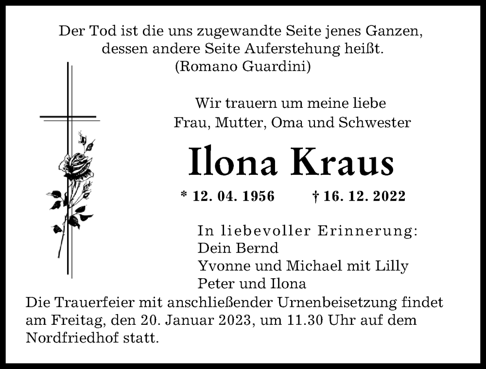  Traueranzeige für Ilona Kraus vom 14.01.2023 aus Augsburger Allgemeine