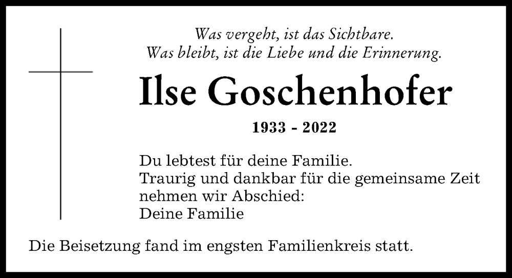 Traueranzeige von Ilse Goschenhofer von Augsburger Allgemeine