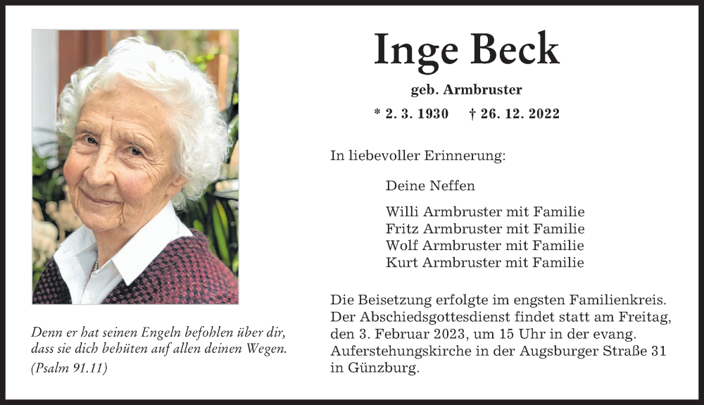  Traueranzeige für Inge Beck vom 28.01.2023 aus Günzburger Zeitung