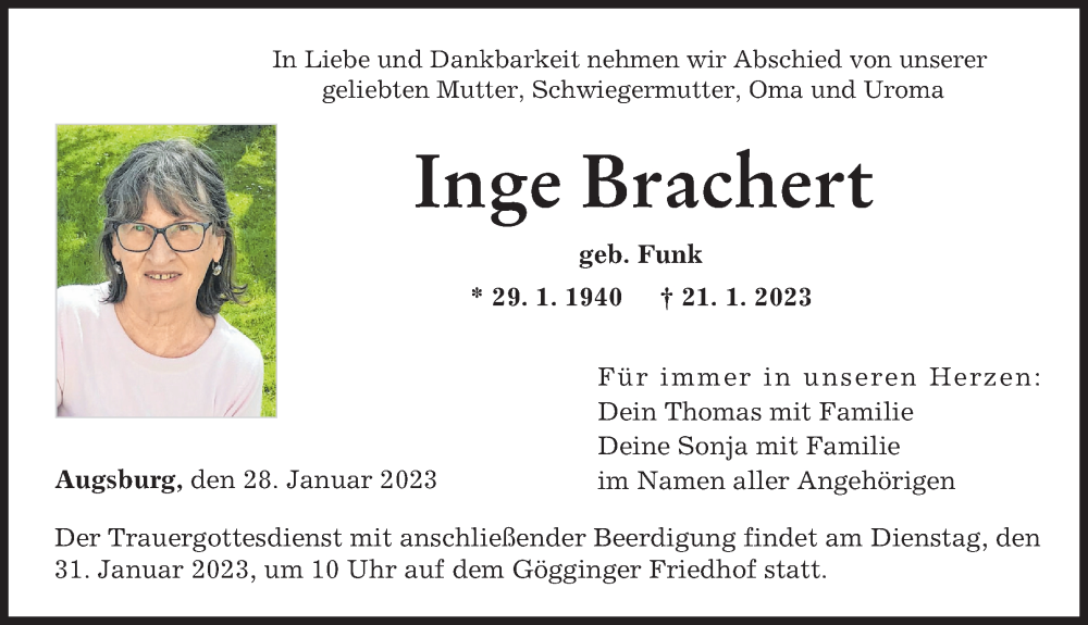 Traueranzeige für Inge Brachert vom 28.01.2023 aus Augsburger Allgemeine