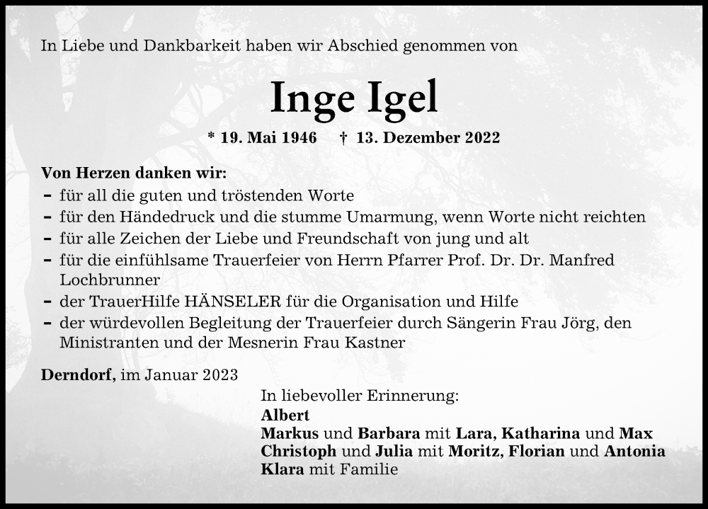  Traueranzeige für Inge Igel vom 21.01.2023 aus Mindelheimer Zeitung
