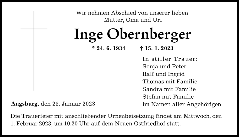  Traueranzeige für Inge Obernberger vom 28.01.2023 aus Augsburger Allgemeine