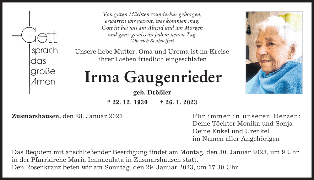  Traueranzeige für Irma Gaugenrieder vom 28.01.2023 aus Augsburger Allgemeine