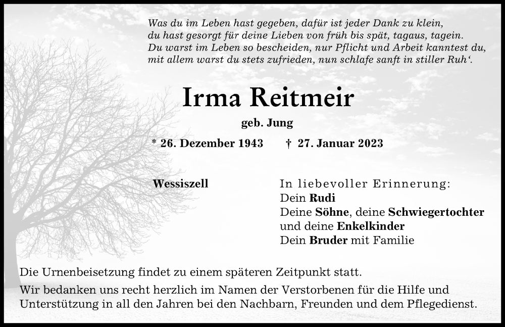  Traueranzeige für Irma Reitmeir vom 30.01.2023 aus Friedberger Allgemeine