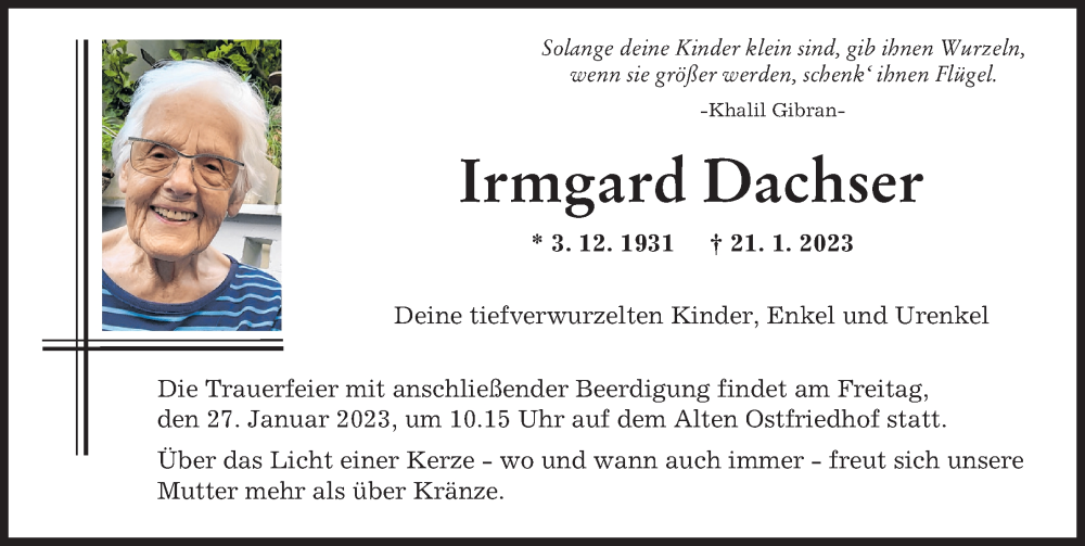  Traueranzeige für Irmgard Dachser vom 25.01.2023 aus Augsburger Allgemeine