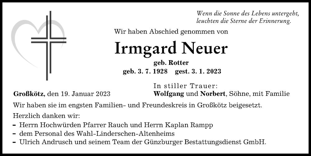 Traueranzeige von Irmgard Neuer von Günzburger Zeitung