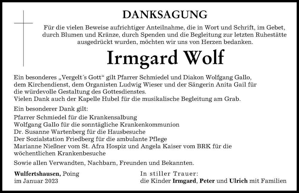 Traueranzeige von Irmgard Wolf von Friedberger Allgemeine