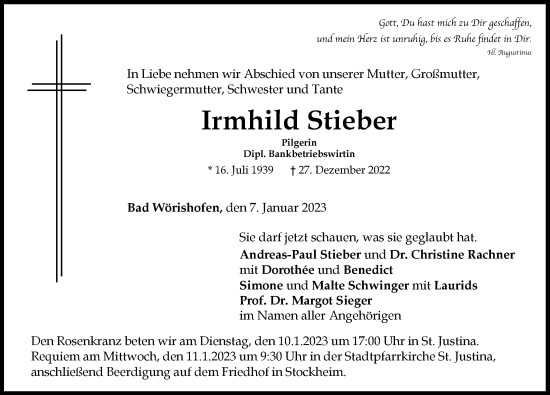 Traueranzeige von Irmhild Stieber von Mindelheimer Zeitung