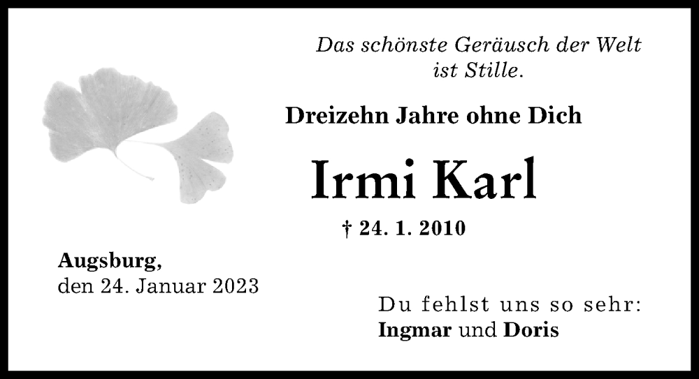  Traueranzeige für Irmi Karl vom 24.01.2023 aus Augsburger Allgemeine