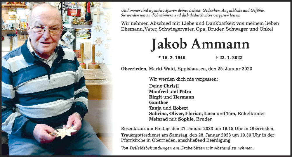  Traueranzeige für Jakob Ammann vom 25.01.2023 aus Mindelheimer Zeitung