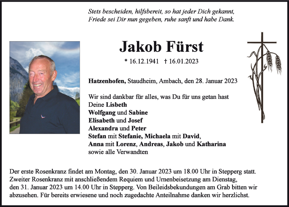 Traueranzeige für Jakob Fürst vom 28.01.2023 aus Neuburger Rundschau