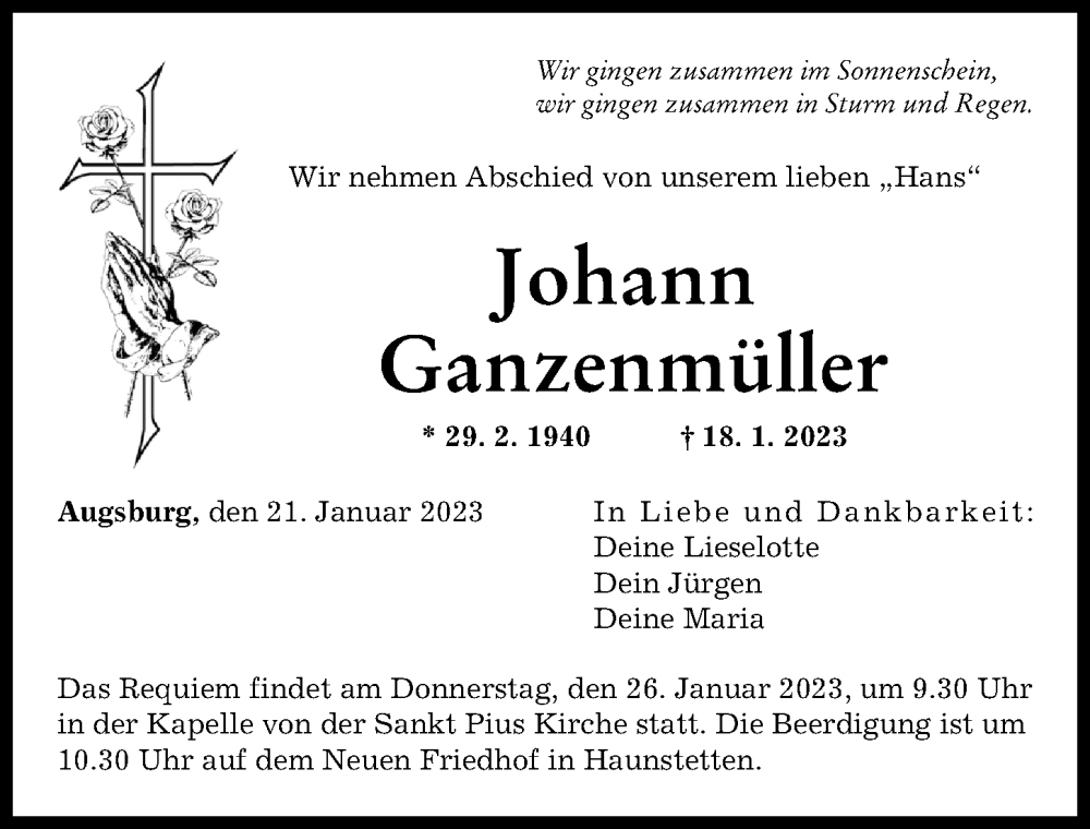  Traueranzeige für Johann Ganzenmüller vom 21.01.2023 aus Augsburger Allgemeine