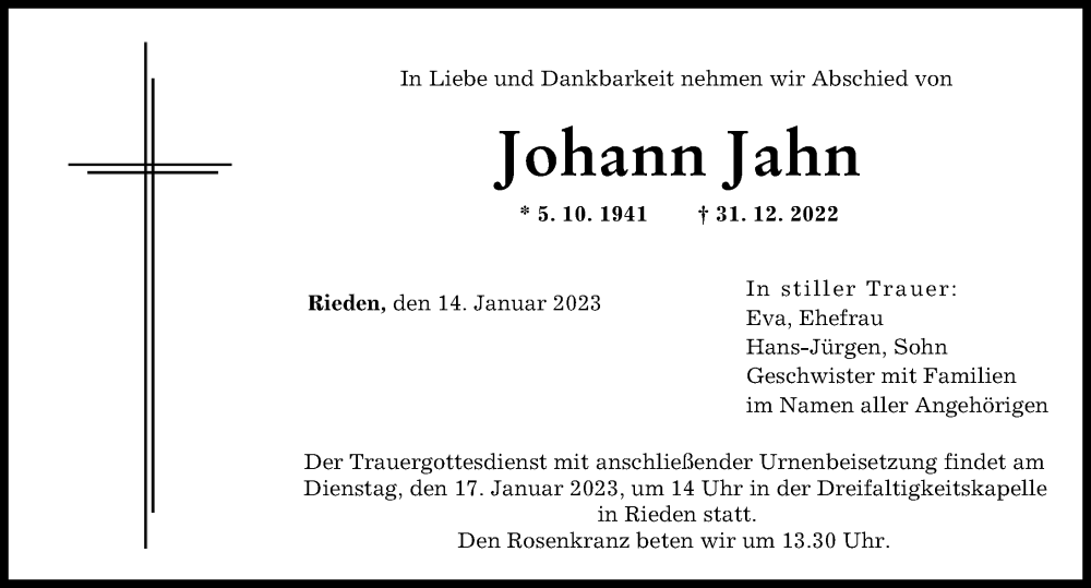 Traueranzeige von Johann Jahn von Günzburger Zeitung