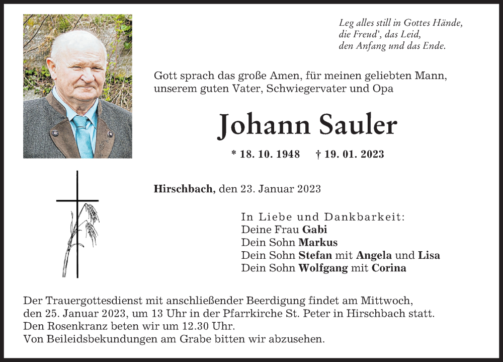 Traueranzeige von Johann Sauler von Augsburg-Land