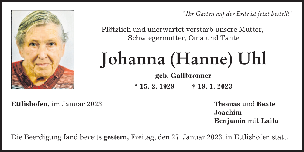  Traueranzeige für Johanna Uhl vom 28.01.2023 aus Günzburger Zeitung