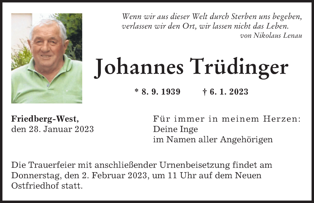 Traueranzeige von Johannes Trüdinger von Augsburger Allgemeine