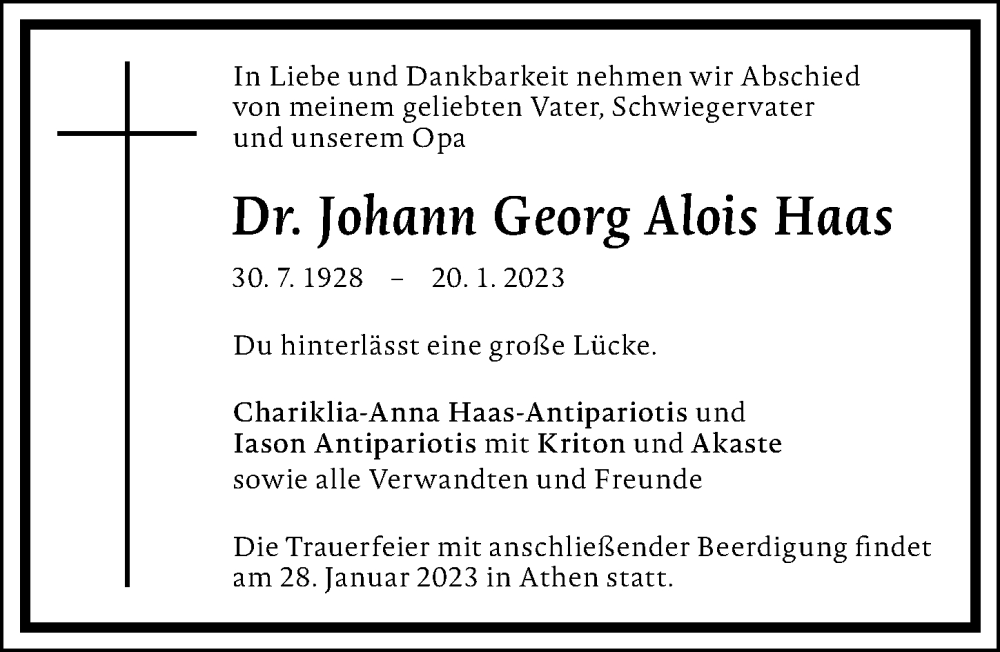 Traueranzeige von Johann Georg Alois Haas von Mittelschwäbische Nachrichten
