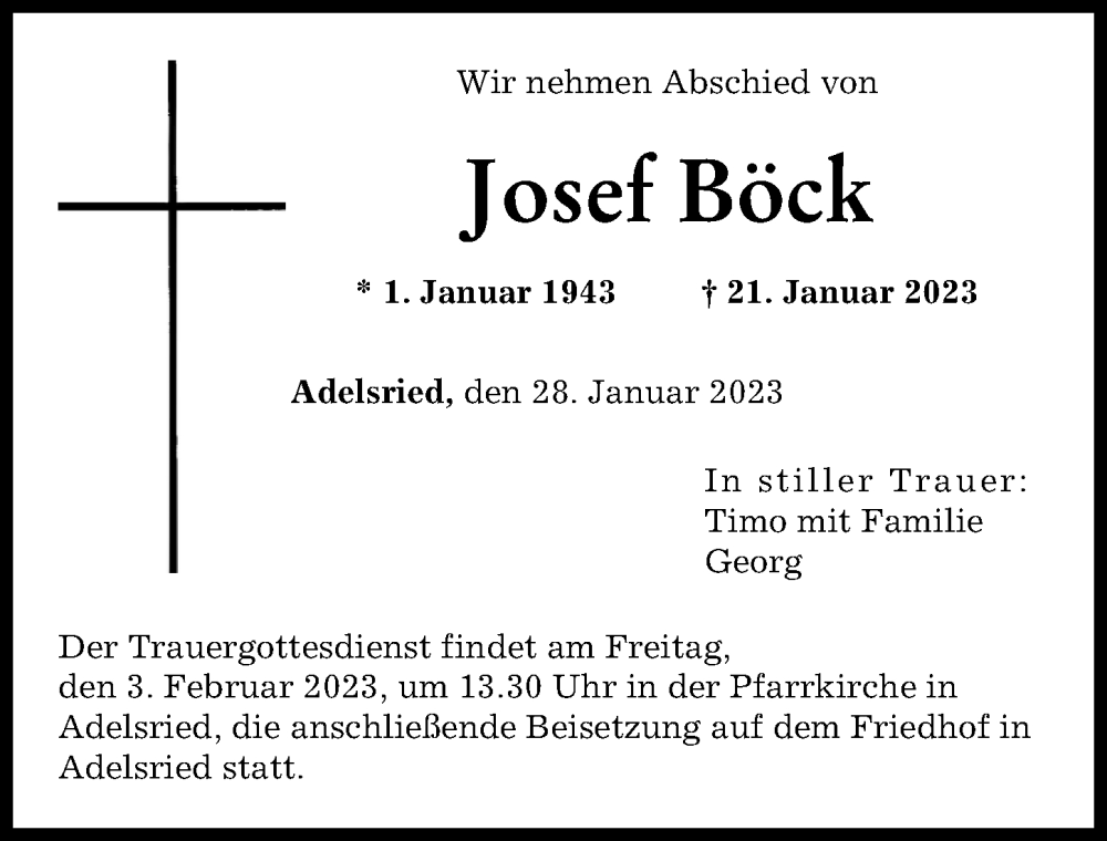 Traueranzeige von Josef Böck von Augsburger Allgemeine