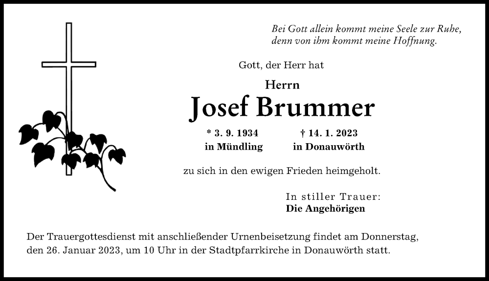  Traueranzeige für Josef Brummer vom 23.01.2023 aus Donauwörther Zeitung