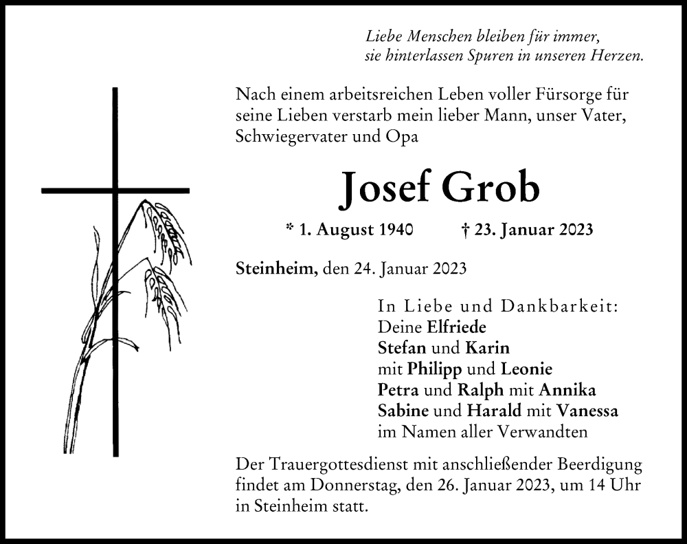  Traueranzeige für Josef Grob vom 24.01.2023 aus Donau Zeitung