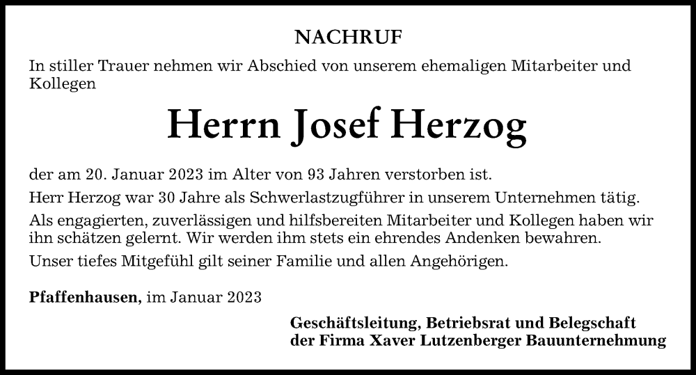  Traueranzeige für Josef Herzog vom 25.01.2023 aus Mindelheimer Zeitung