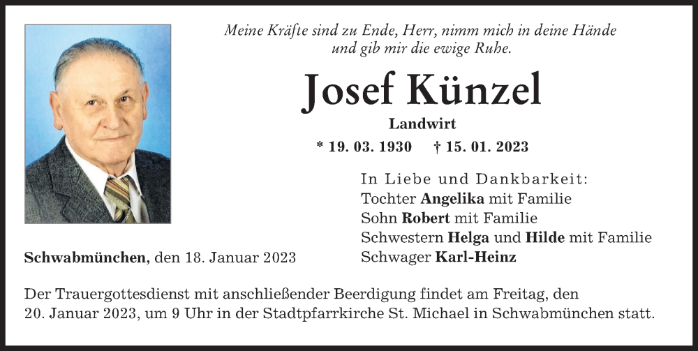 Traueranzeige von Josef Künzel von Schwabmünchner Allgemeine