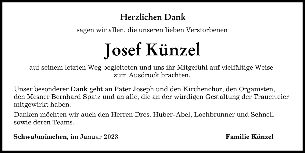 Traueranzeige von Josef Künzel von Schwabmünchner Allgemeine