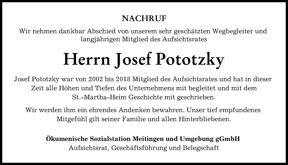  Traueranzeige für Josef Pototzky vom 24.01.2023 aus Augsburg-Land