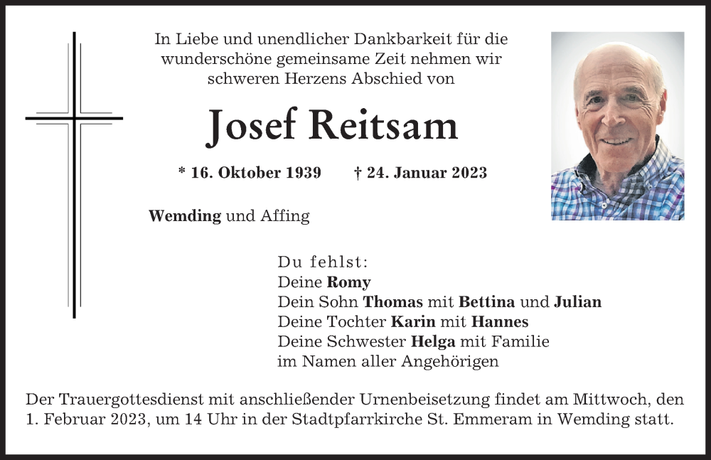  Traueranzeige für Josef Reitsam vom 28.01.2023 aus Donauwörther Zeitung