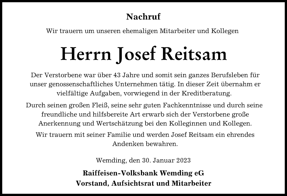  Traueranzeige für Josef Reitsam vom 30.01.2023 aus Donauwörther Zeitung