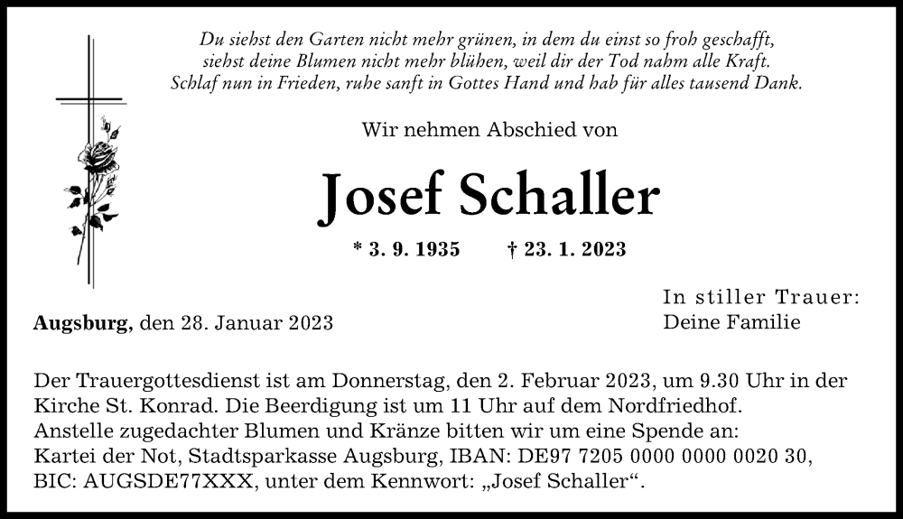  Traueranzeige für Josef Schaller vom 28.01.2023 aus Augsburger Allgemeine