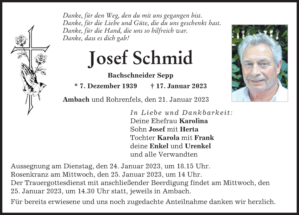  Traueranzeige für Josef Schmid vom 21.01.2023 aus Neuburger Rundschau
