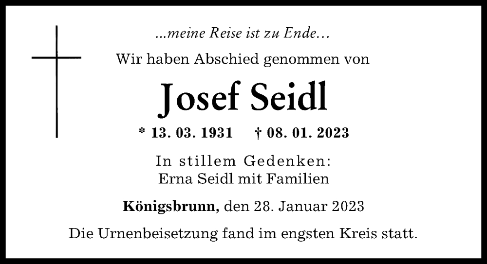  Traueranzeige für Josef Seidl vom 28.01.2023 aus Augsburger Allgemeine