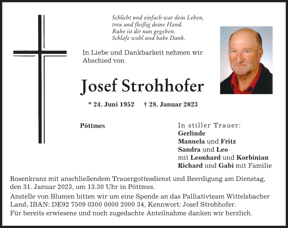  Traueranzeige für Josef Strohhofer vom 30.01.2023 aus Aichacher Nachrichten
