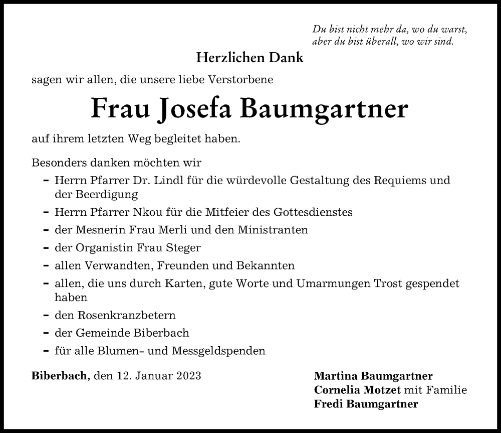 Traueranzeige von Josefa Baumgartner von Augsburg-Land