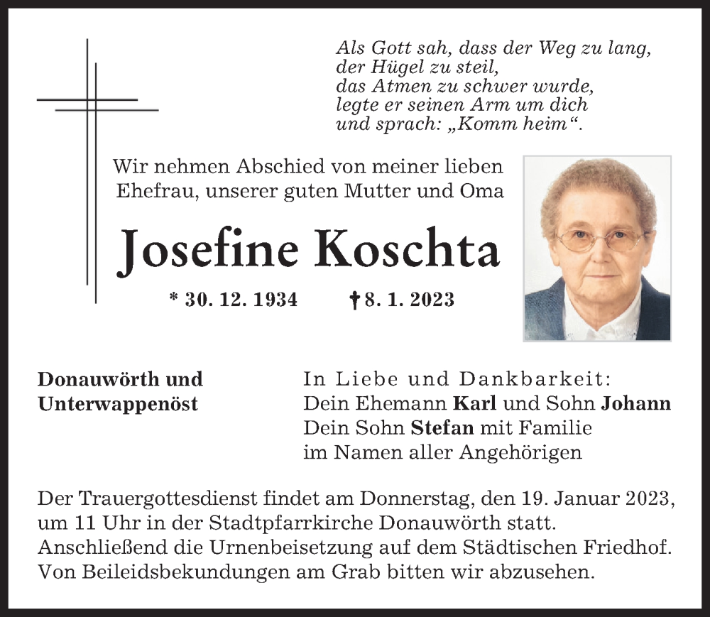 Traueranzeige von Josefine Koschta von Donauwörther Zeitung