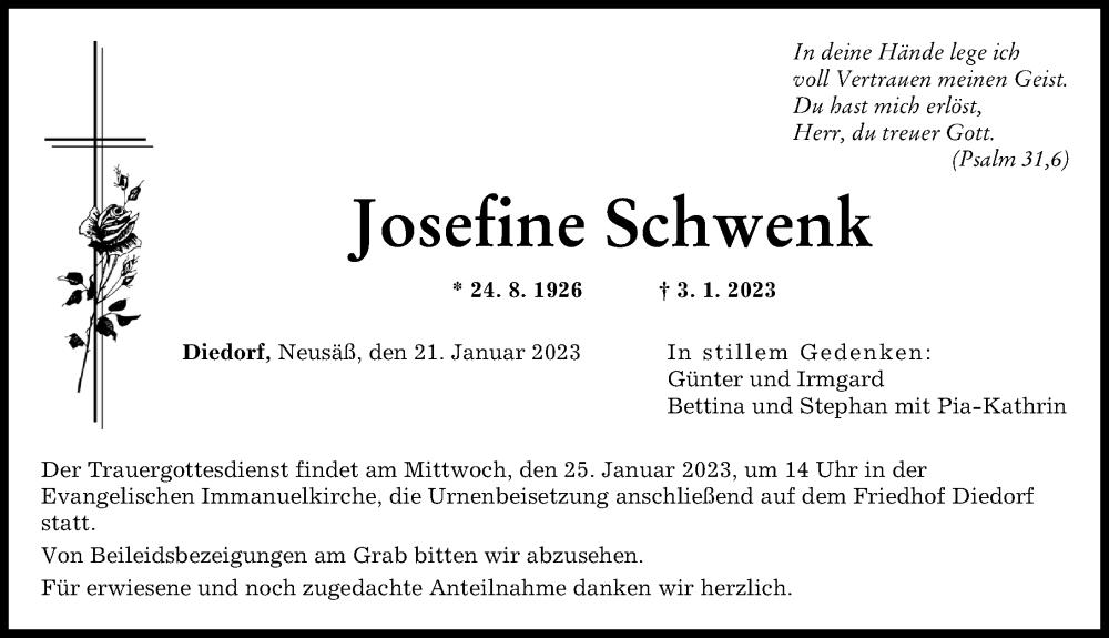 Traueranzeige von Josefine Schwenk von Augsburger Allgemeine