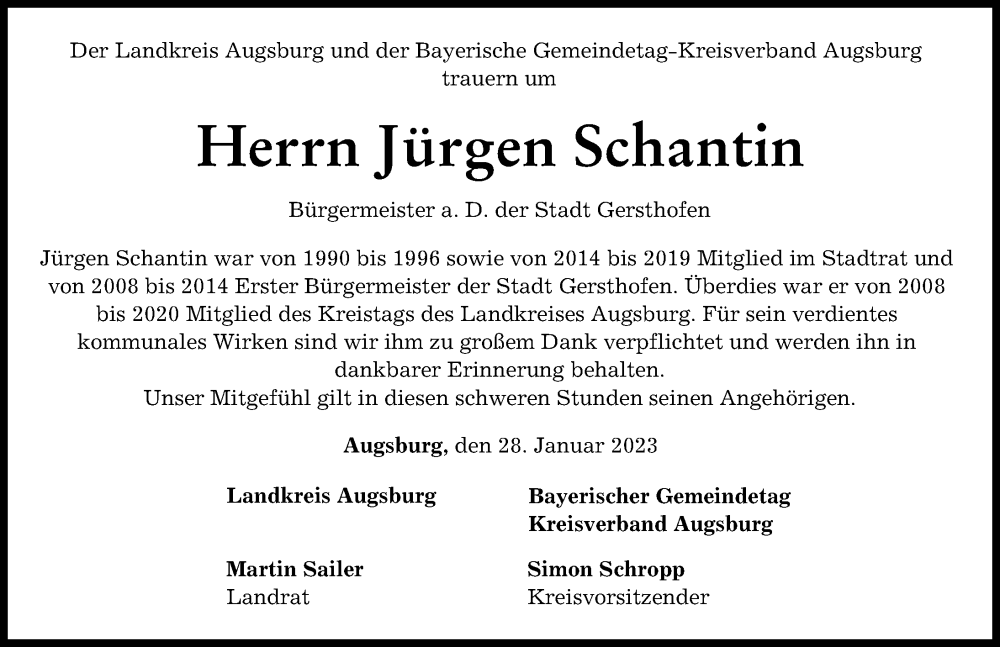  Traueranzeige für Jürgen Schantin vom 28.01.2023 aus Schwabmünchner Allgemeine, Augsburg-Land