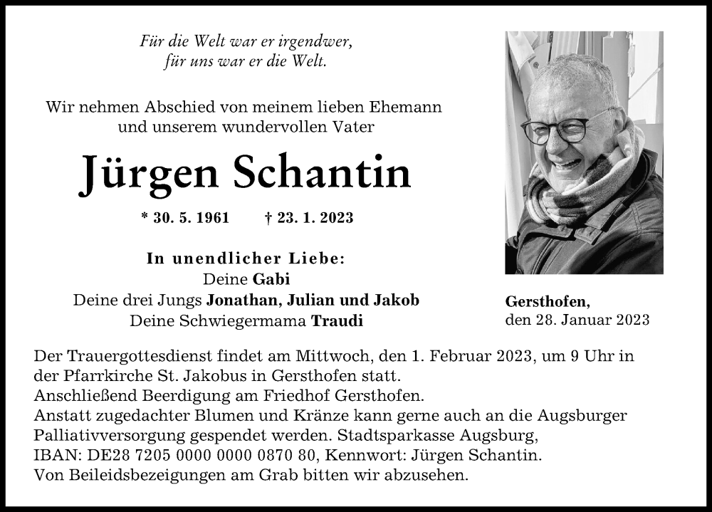  Traueranzeige für Jürgen Schantin vom 28.01.2023 aus Augsburger Allgemeine