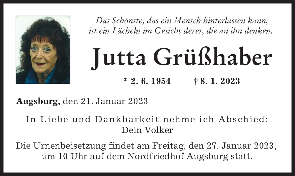  Traueranzeige für Jutta Grüßhaber vom 21.01.2023 aus Augsburger Allgemeine