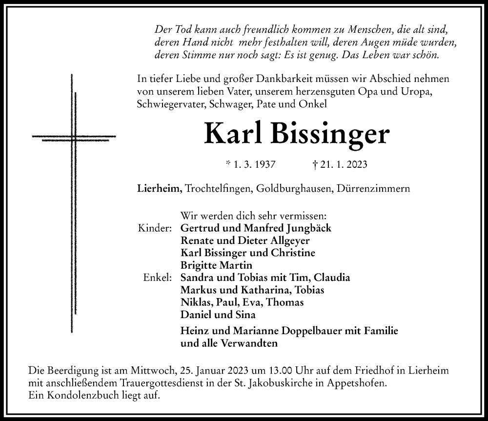  Traueranzeige für Karl Bissinger vom 24.01.2023 aus Rieser Nachrichten