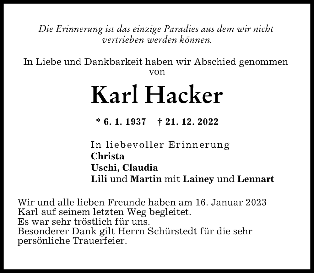  Traueranzeige für Karl Hacker vom 28.01.2023 aus Augsburger Allgemeine