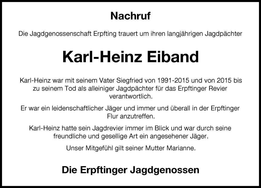  Traueranzeige für Karl-Heinz Eiband vom 19.01.2023 aus Landsberger Tagblatt