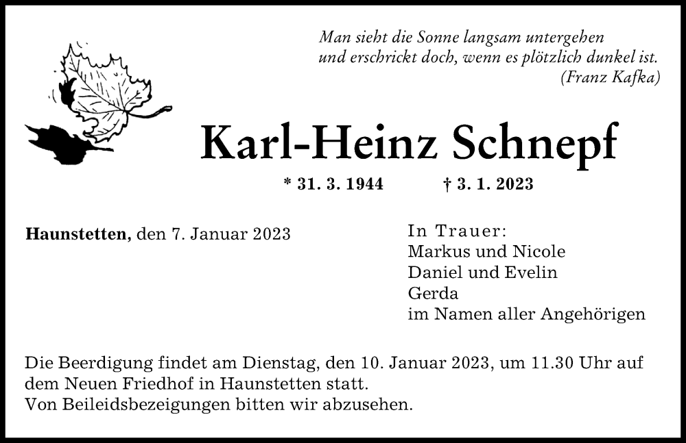 Traueranzeige von Karl-Heinz Schnepf von Augsburger Allgemeine