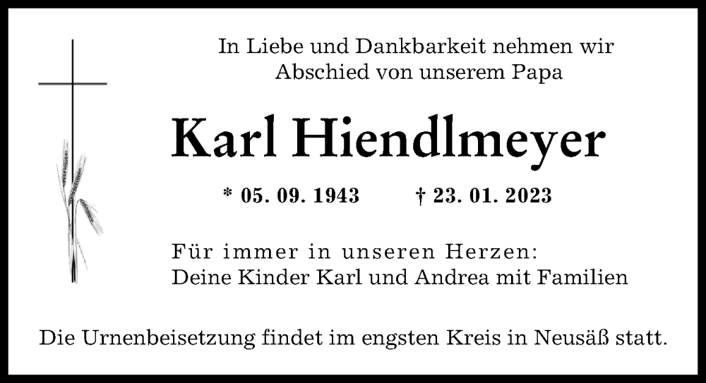  Traueranzeige für Karl Hiendlmeyer vom 28.01.2023 aus Augsburger Allgemeine