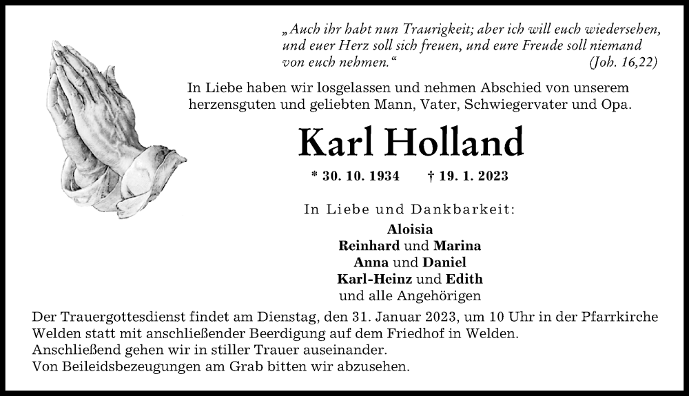  Traueranzeige für Karl Holland vom 28.01.2023 aus Augsburg-Land