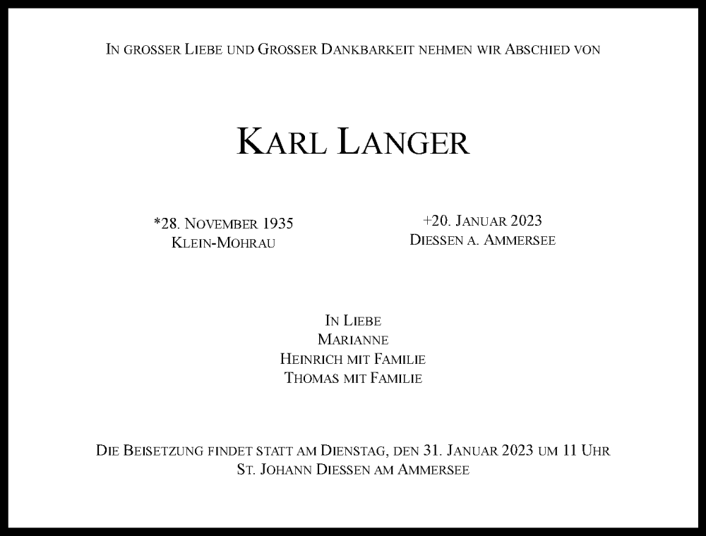 Traueranzeige von Karl Langer von Ammersee Kurier