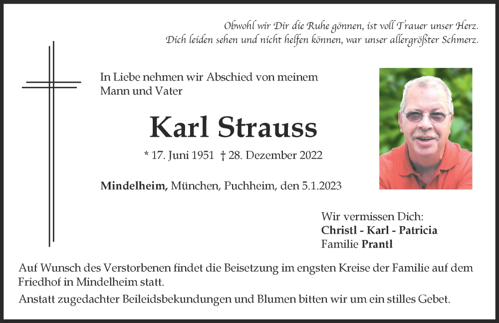  Traueranzeige für Karl Strauss vom 05.01.2023 aus Mindelheimer Zeitung